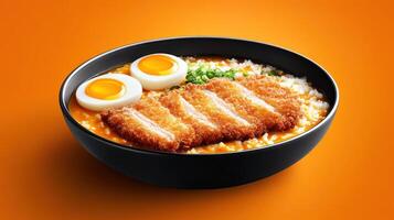 Delicious katsudon rice bowl with eggs and green onion for lunch or dinner photo