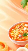 Delicious noodle soup with garnish in a white bowl. Food advertisement background with place for text photo