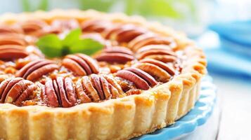 Delicious pecan pie on a plate. Dessert served in bakery. For blogs or recipes photo