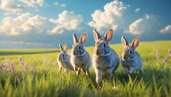 Rabbits Running in Green Meadow Under a Bright Blue Sky photo