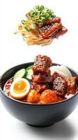 Delicious spicy noodle soup with egg vegetables. For restaurant menu or food blog photo