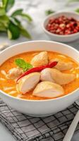 Delicious Tom Yum noodle soup with chicken pepper. Food blog or menu photo