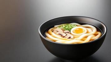 Delicious udon noodle soup with egg and mushrooms in a black bowl. For a restaurant menu photo