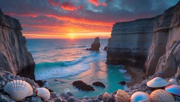 Ocean Cliff Landscape at Sunset with Seashells and Colorful Sky photo