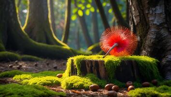 Red Object on Mossy Stump in Forest Clearing with Acorns photo