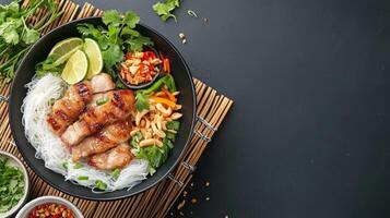 Delicious Vietnamese vermicelli noodle bowl, sliced beef, herbs, lime, chillies on bamboo mat photo