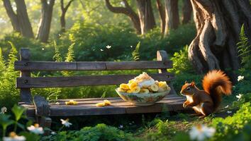 Squirrel Approaching Banana Treat on Bench in Sunlit Forest photo