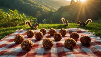 Squirrels at Picnic with Seed Balls in Scenic Green Meadow photo