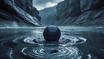 Floating Sphere in River Canyon During Rain Creates Ripples photo
