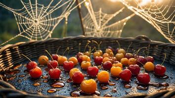 Fresh Cherries with Water Droplets and Spooky Cobwebs in Wicker Basket photo