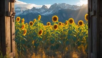 Sunflower Field and Mountain View Through Rustic Open Wooden Door photo