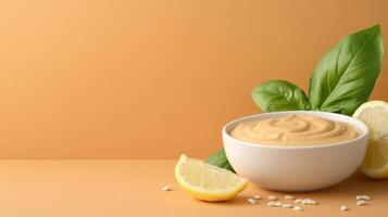 Dip served with lemon, basil. Food backdrop for blog, cookbook, recipe ideas photo