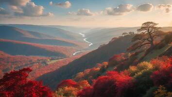Scenic Valley Landscape with Colorful Autumn Foliage and Flowing River photo