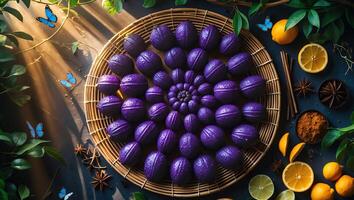 Arrangement of Purple Spheres in Basket with Citrus and Greenery photo