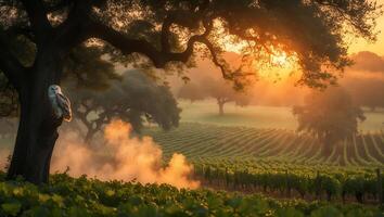 Owl Perched on Tree Overlooking Vineyard at Sunrise with Mist photo