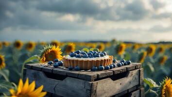 Blueberry Tart Sitting on Wooden Crate in Sunflower Field photo