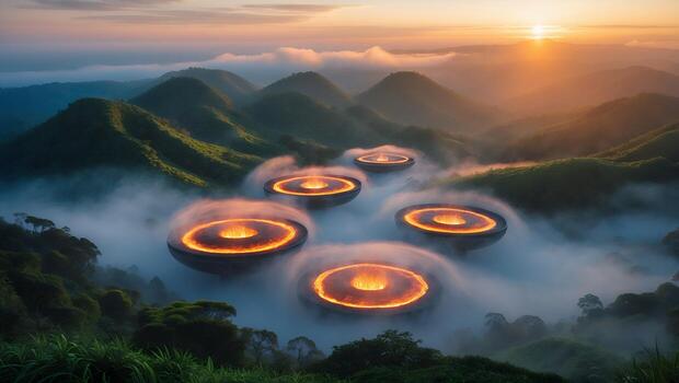 Floating Structures in the Mountain Fog at Sunrise Create Ethereal Scene photo