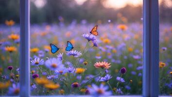 Butterflies in Flower Field Seen Through a Window Frame Outdoors photo
