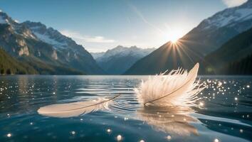 Feathers Floating on Calm Lake Surrounded by Mountain Landscape at Sunrise photo