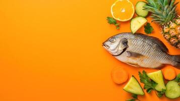 Fish fruit displayed on orange background, top view, dieting concept, food blog use photo