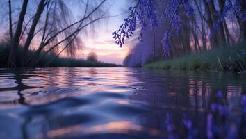 Flowing River Reflects Sky and Flora in Peaceful Sunset Setting photo