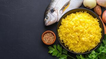 Fish and rice dish with condiments. Possible use recipe photo