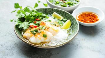Fish fillet in broth served with rice noodles, herbs, and lime in a bowl on a table photo