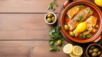 Fish stew served in a bowl with lemon and olives on a wooden table, view from the top photo