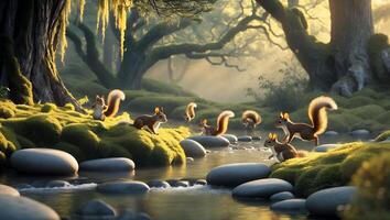 Squirrels Gathering by a Peaceful Forest Stream with Mossy Rocks photo