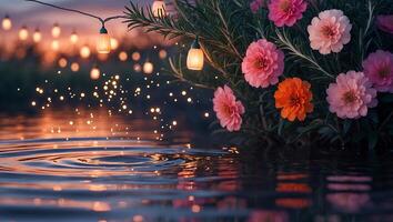 Water Ripples and Flowers Lit by String Lights at Twilight photo