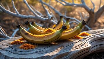 Bananas with Orange Threads Resting on Weathered Wood Outdoors photo