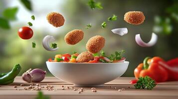 Food falling into salad bowl outdoors with veggies on wooden table and blurred trees in background photo