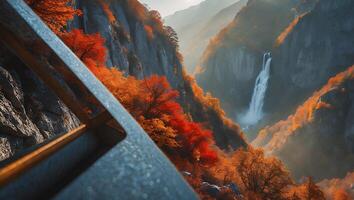 Viewing Waterfall in Mountain Valley with Autumn Colors From Structure photo