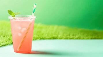 Fresh pink drink on table by grass for a hot day refreshment, menu card, or summer vibes photo