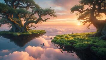 Enormous Trees Atop Mossy Cliffs Float in Clouds at Sunset photo