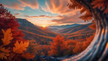 Scenic Autumn Mountain Range at Sunset with Vibrant Foliage Colors photo