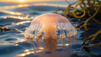 Jellyfish Floating in Ocean at Sunset with Seaweed on Sand photo