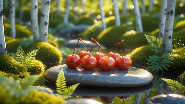 Cherries Resting on Stone Slab in Forest Stream Peaceful Still Life photo