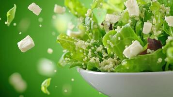 Fresh salad with feta and quinoa being tossed in a bowl. Blurry green background. Food blog use photo