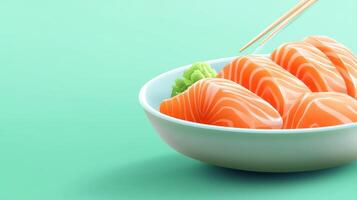 Fresh salmon sashimi with wasabi, served in a bowl for lunch or dinner. Bright, minimal background photo
