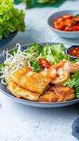 Fresh seafood dish with crisp pancake, sprouts and lettuce on a gray table background salad photo