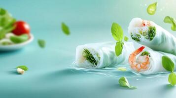 Fresh spring rolls with shrimp and basil. Floating in water. Background in light blue color for menu photo