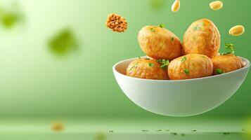 Fried balls with herbs in a bowl on green. Nut snacks falling on blurry background. Food photography photo