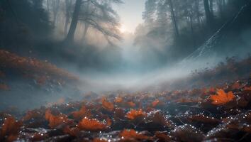Fog Rolling Through Autumn Forest with Fallen Leaves and Dew photo