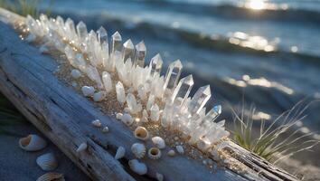 Crystals and Seashells on Weathered Log at Beach Against Sparkling Water photo