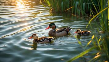 Ducks Swim Together in Pond Water During Sunset Near Green Plants photo