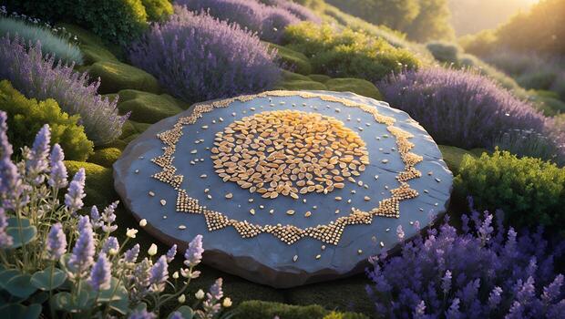 Arrangement of Seeds on a Stone Slab in Lavender Garden Setting photo