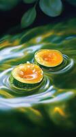 Fruit slices in a pond, droplets floating on liquid, nature background. Use for zen or relaxation photo