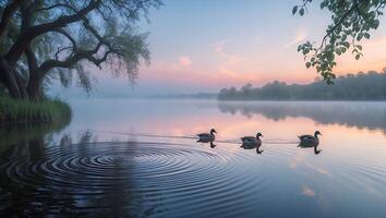 Ducks Swimming on Calm Lake at Sunrise with Foggy Background photo