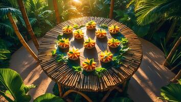 Tropical Desserts Served on Bamboo Table in Lush Garden Setting photo
